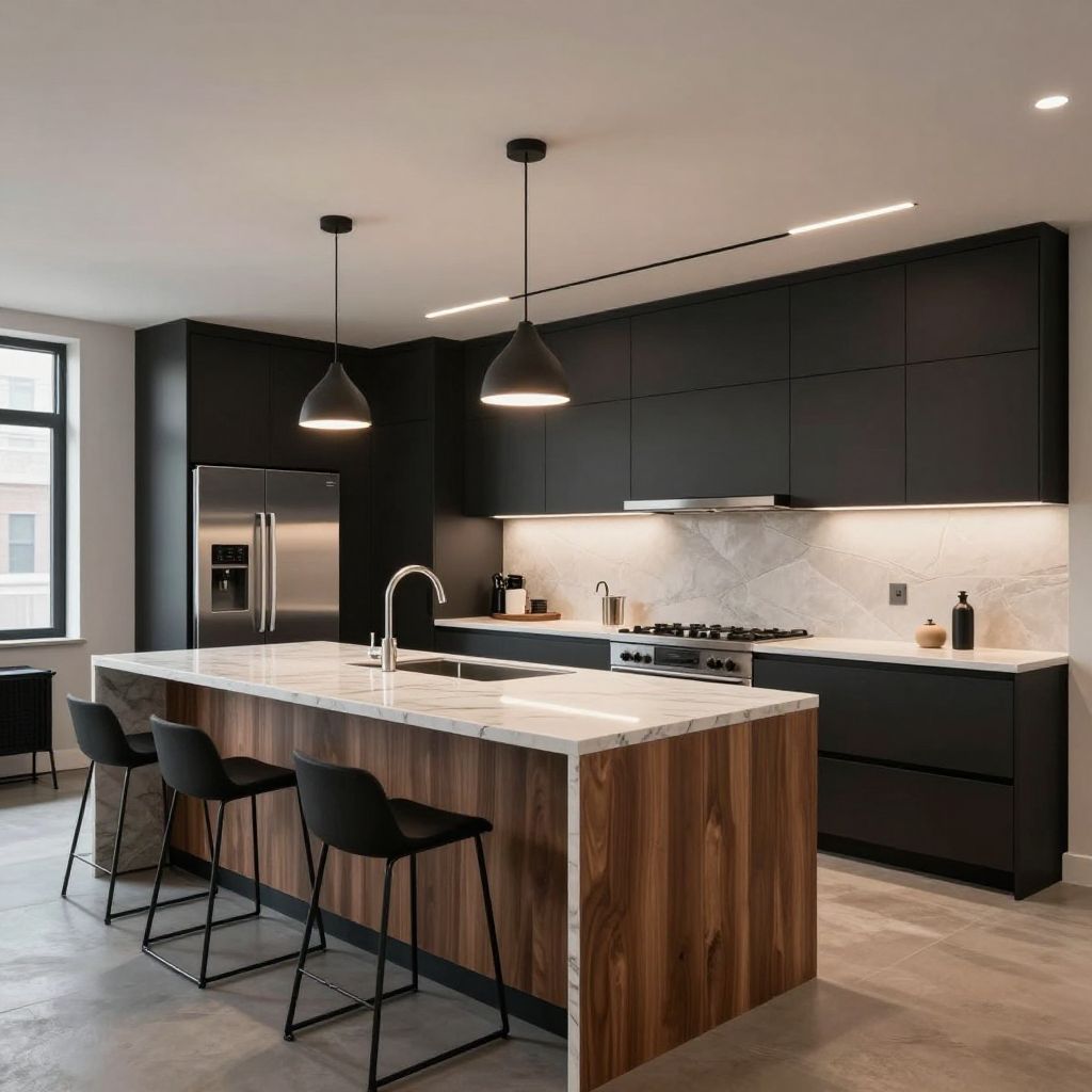 Contemporary Basement Kitchen With Dark Accents