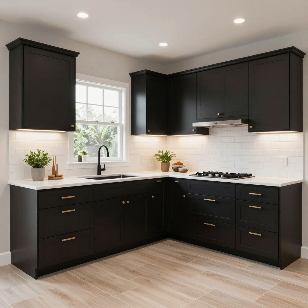 Matte black kitchen cabinets with white quartz countertops
