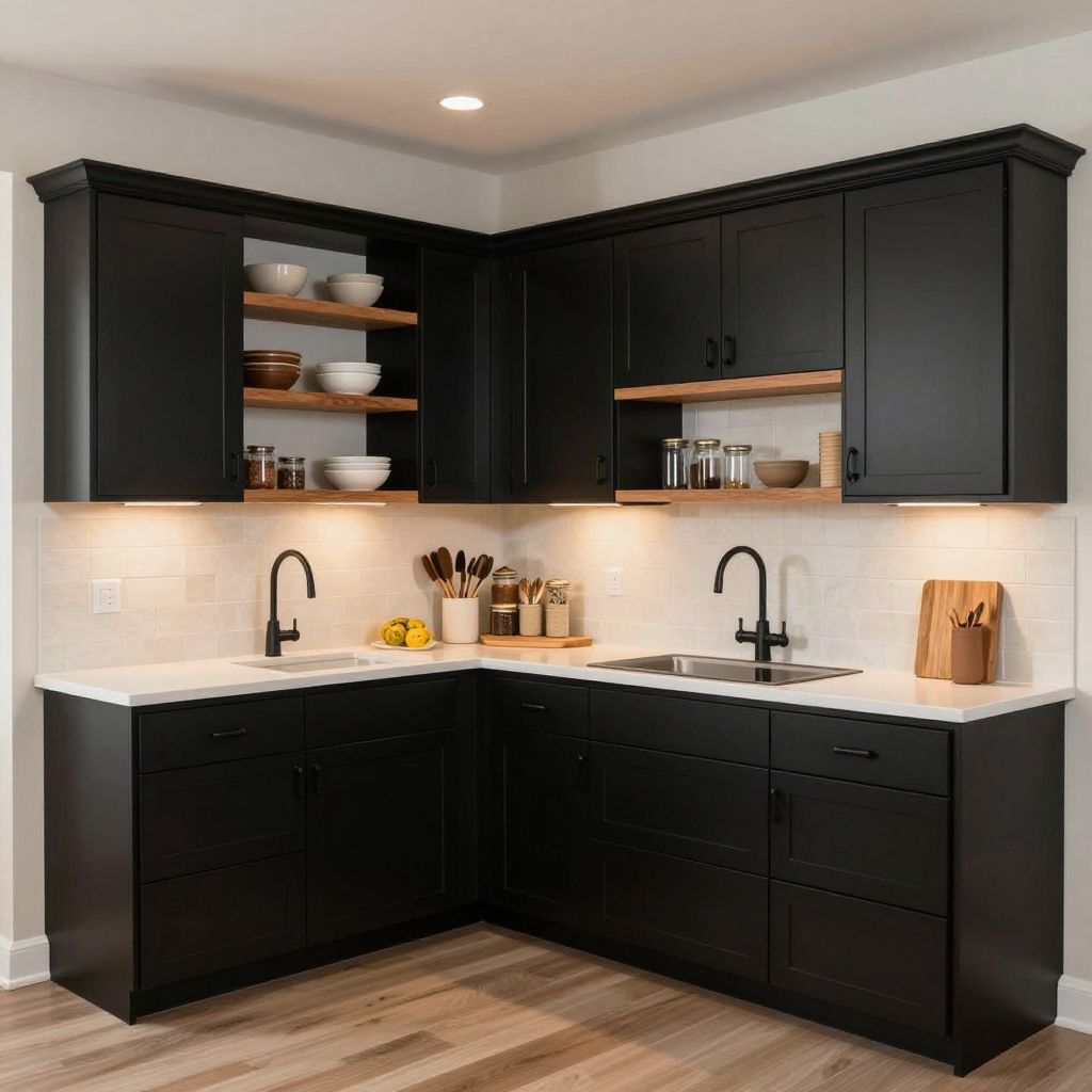 Black cabinets with open shelving