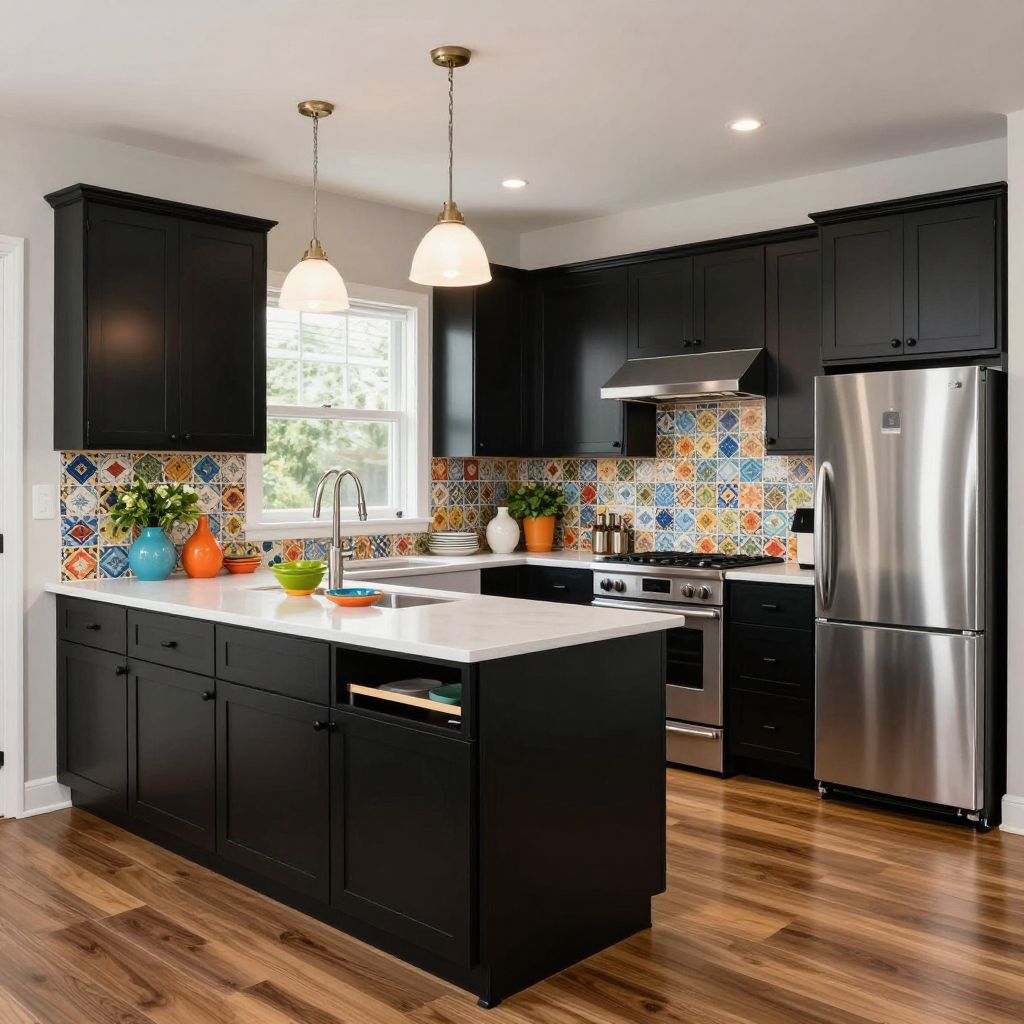 Black cabinets with a colorful tile backsplash