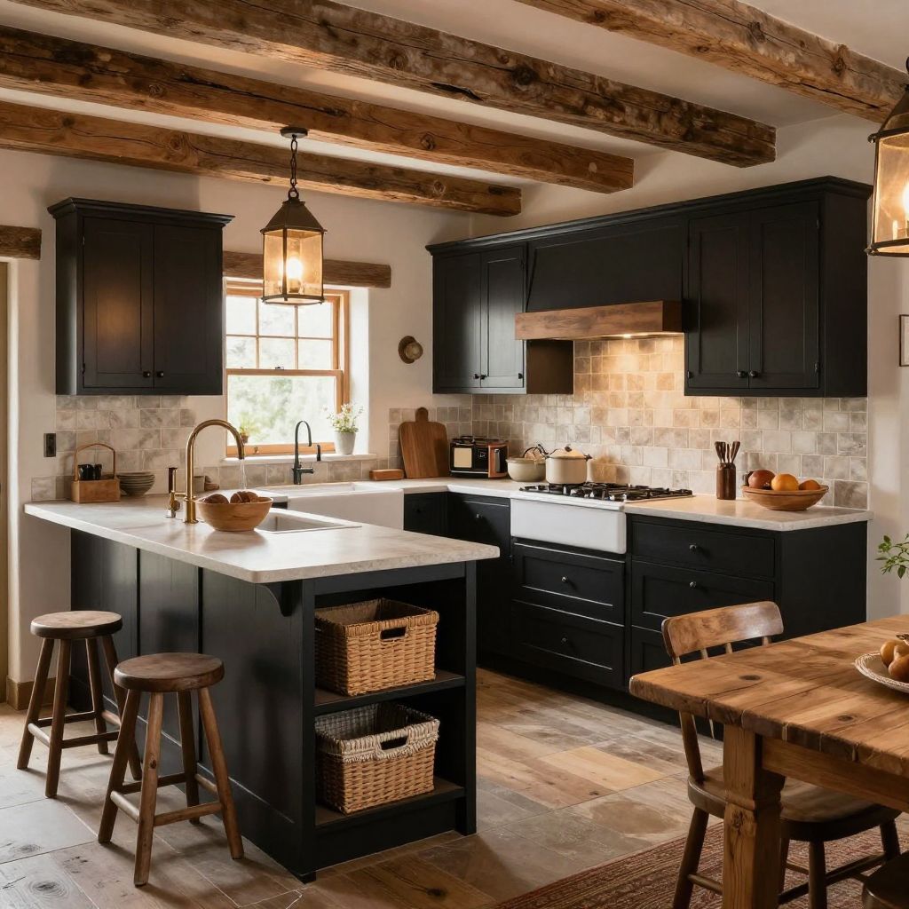 Black cabinets in a rustic kitchen