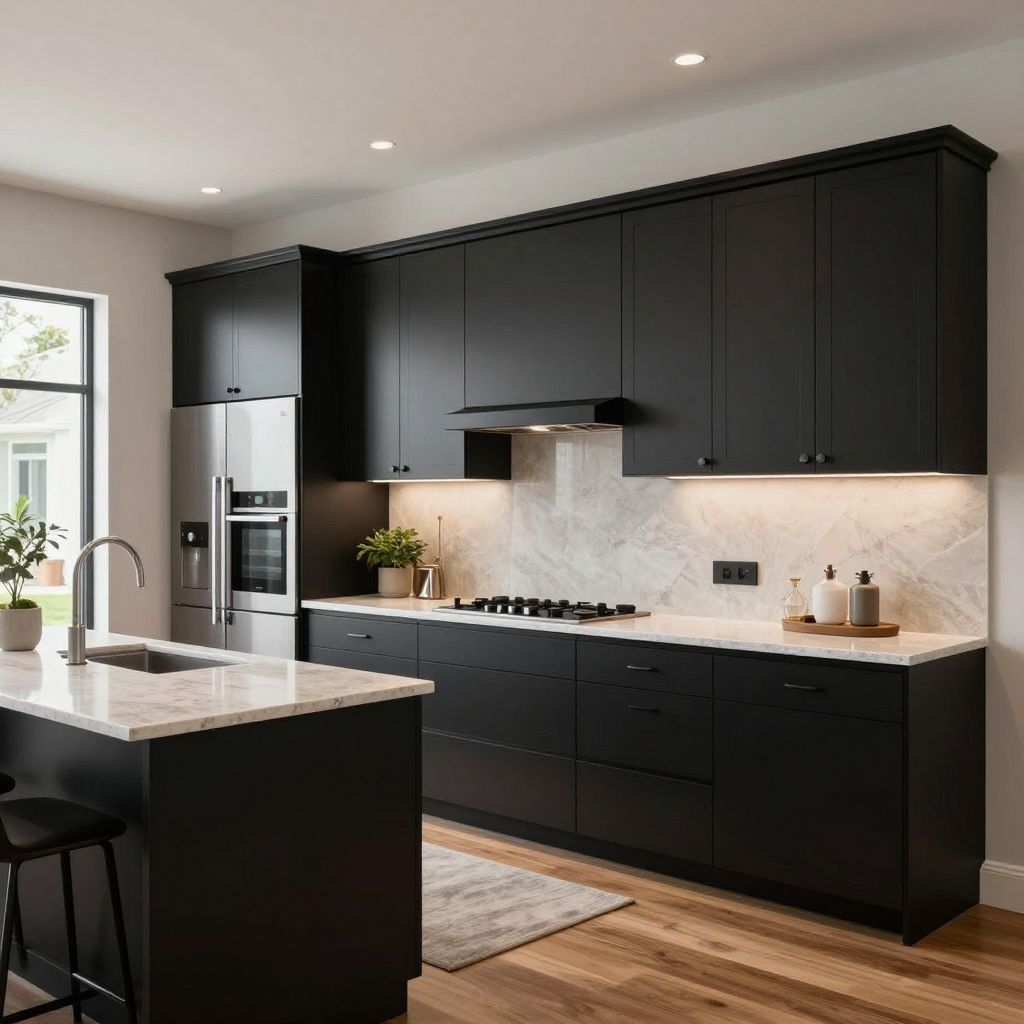 Black cabinets with integrated appliances