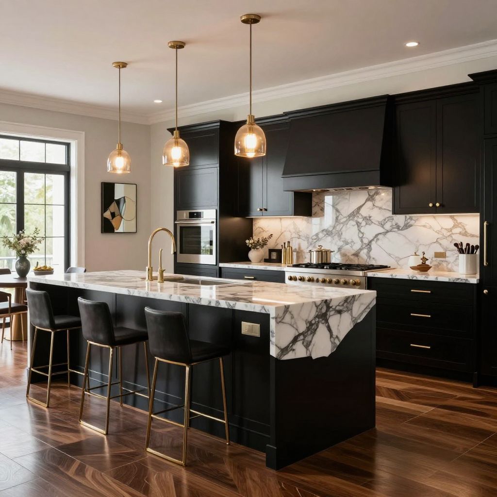Black cabinets with gold hardware and luxe marble