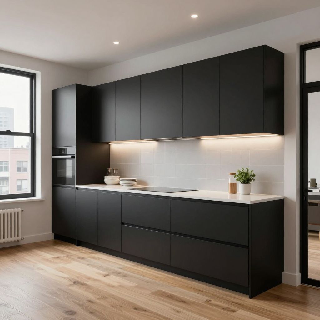 Flat black cabinets in a minimalist kitchen