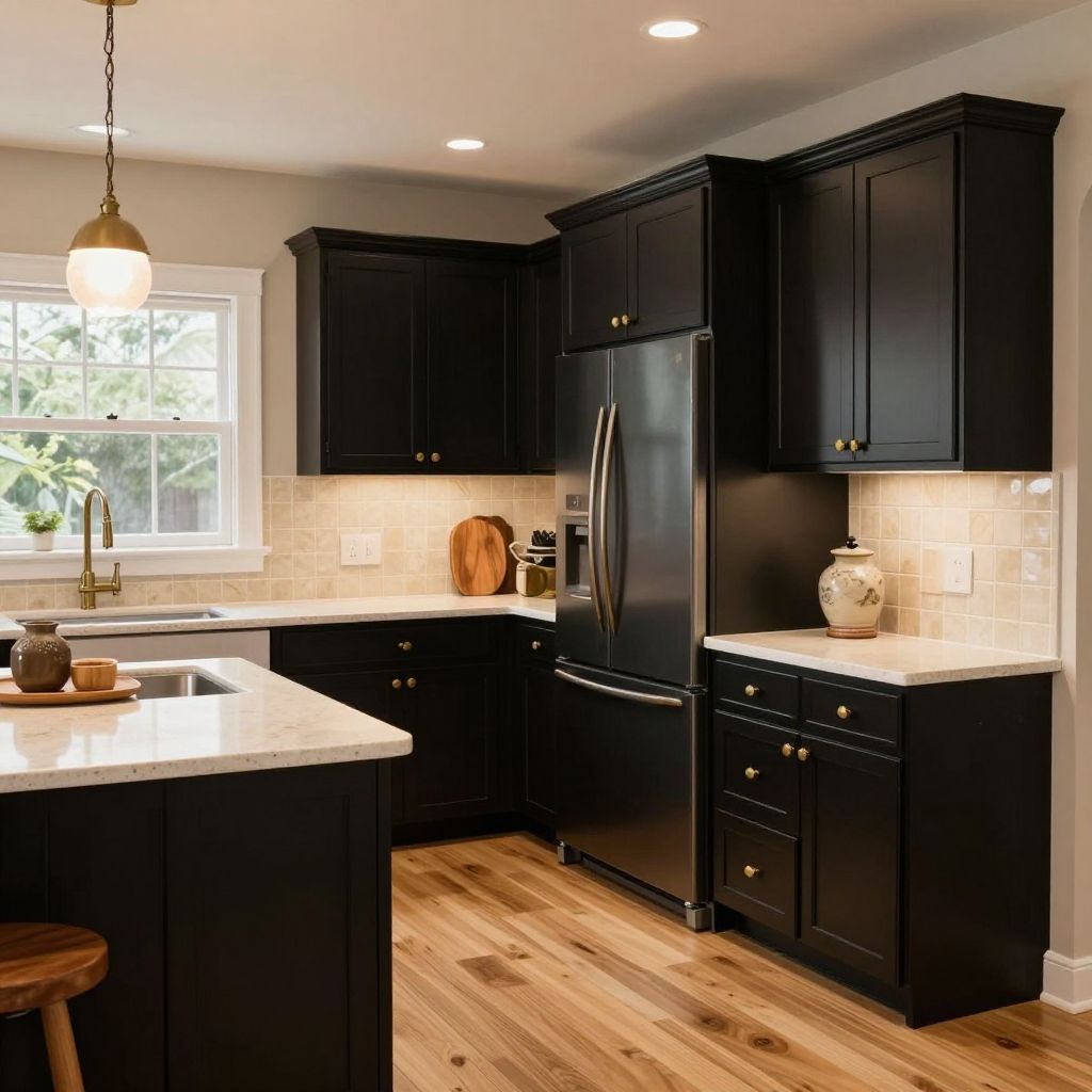 Black cabinets with brass and cream accents