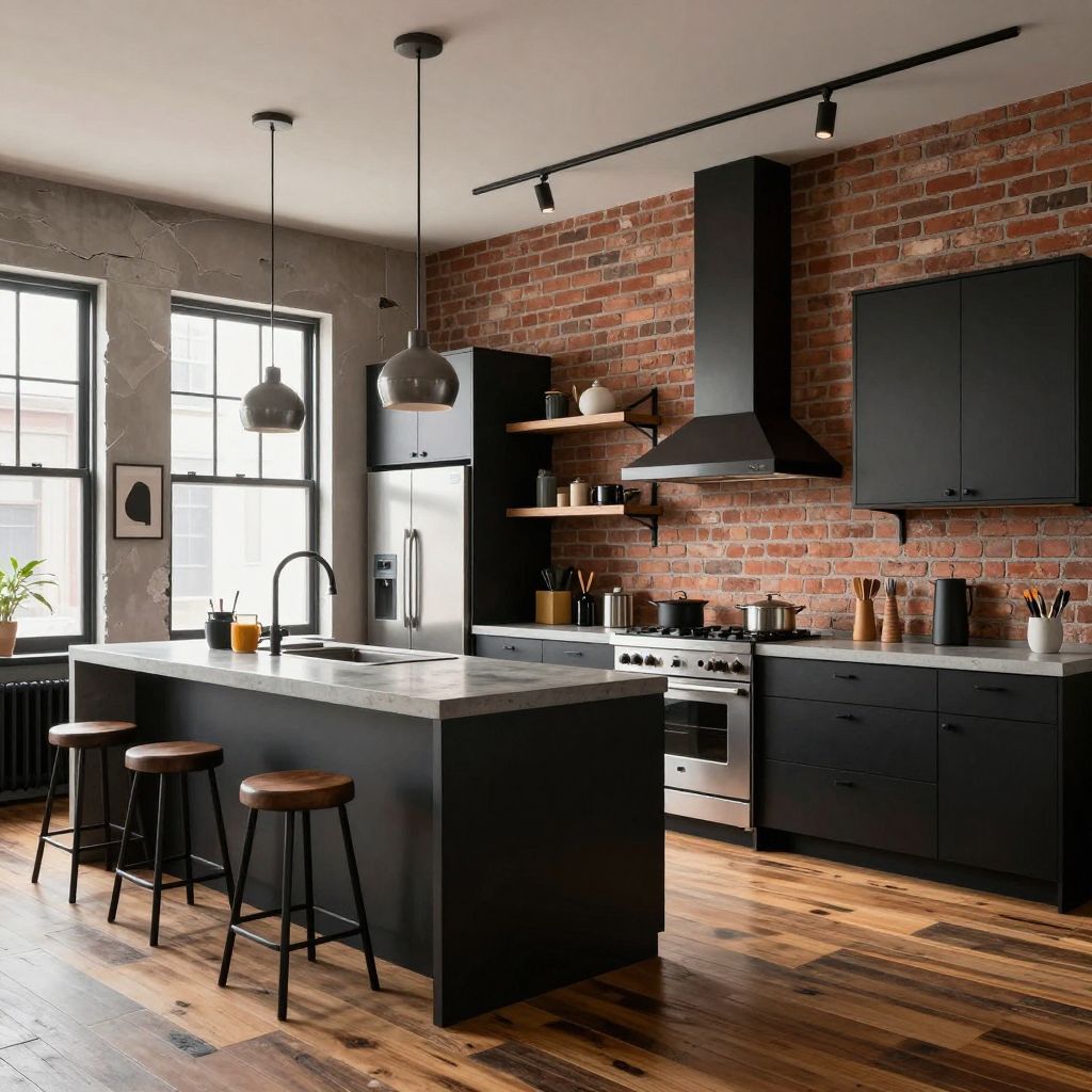 Industrial black cabinets with concrete surfaces