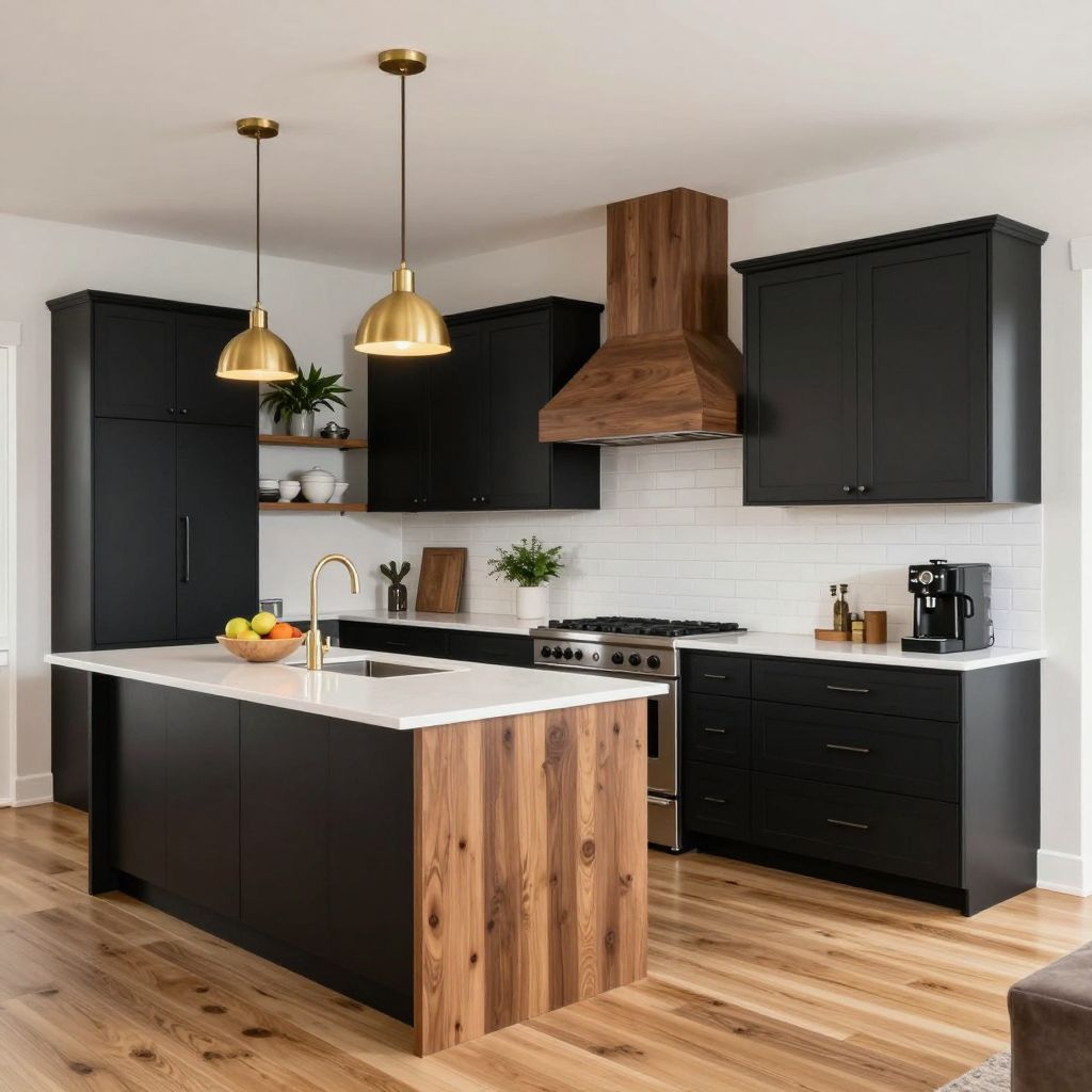 Matte black cabinets with warm wood accents