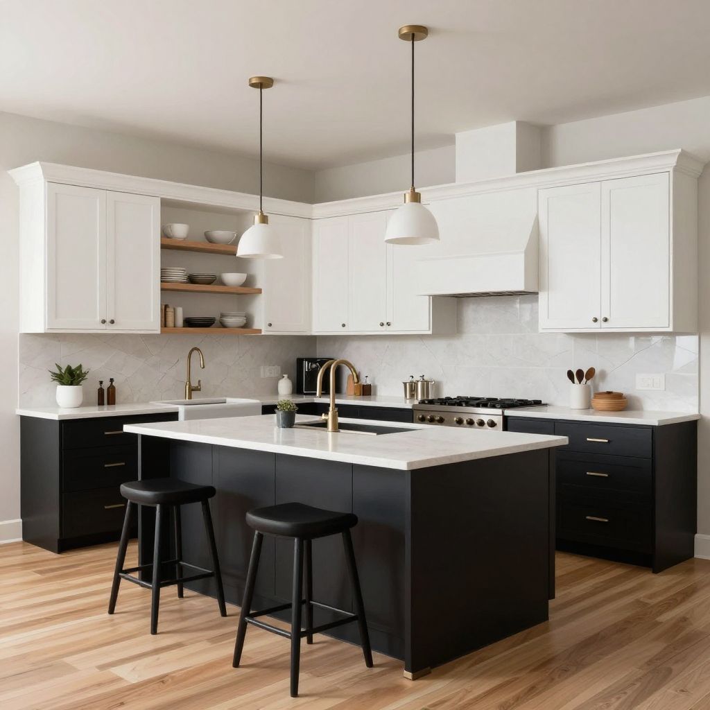 Black kitchen with two tone upper cabinets
