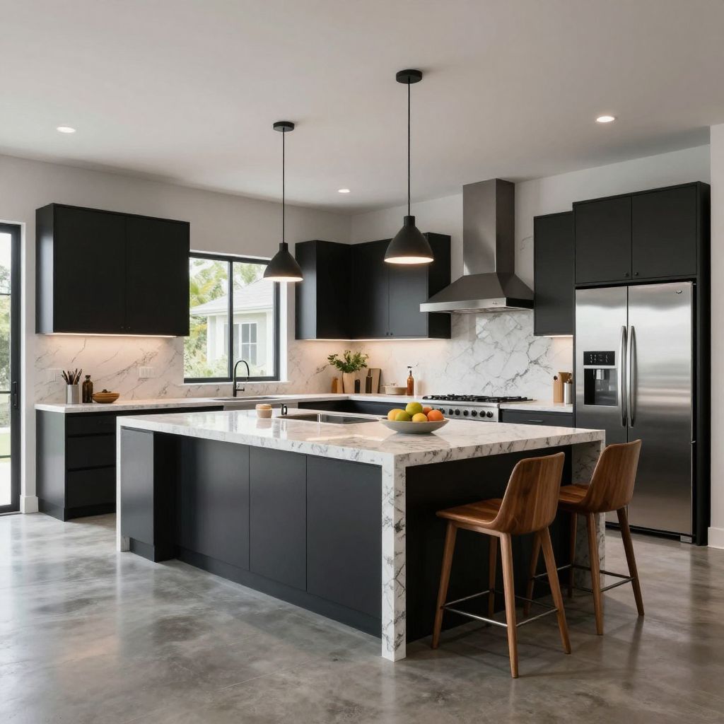 Black kitchen with waterfall island