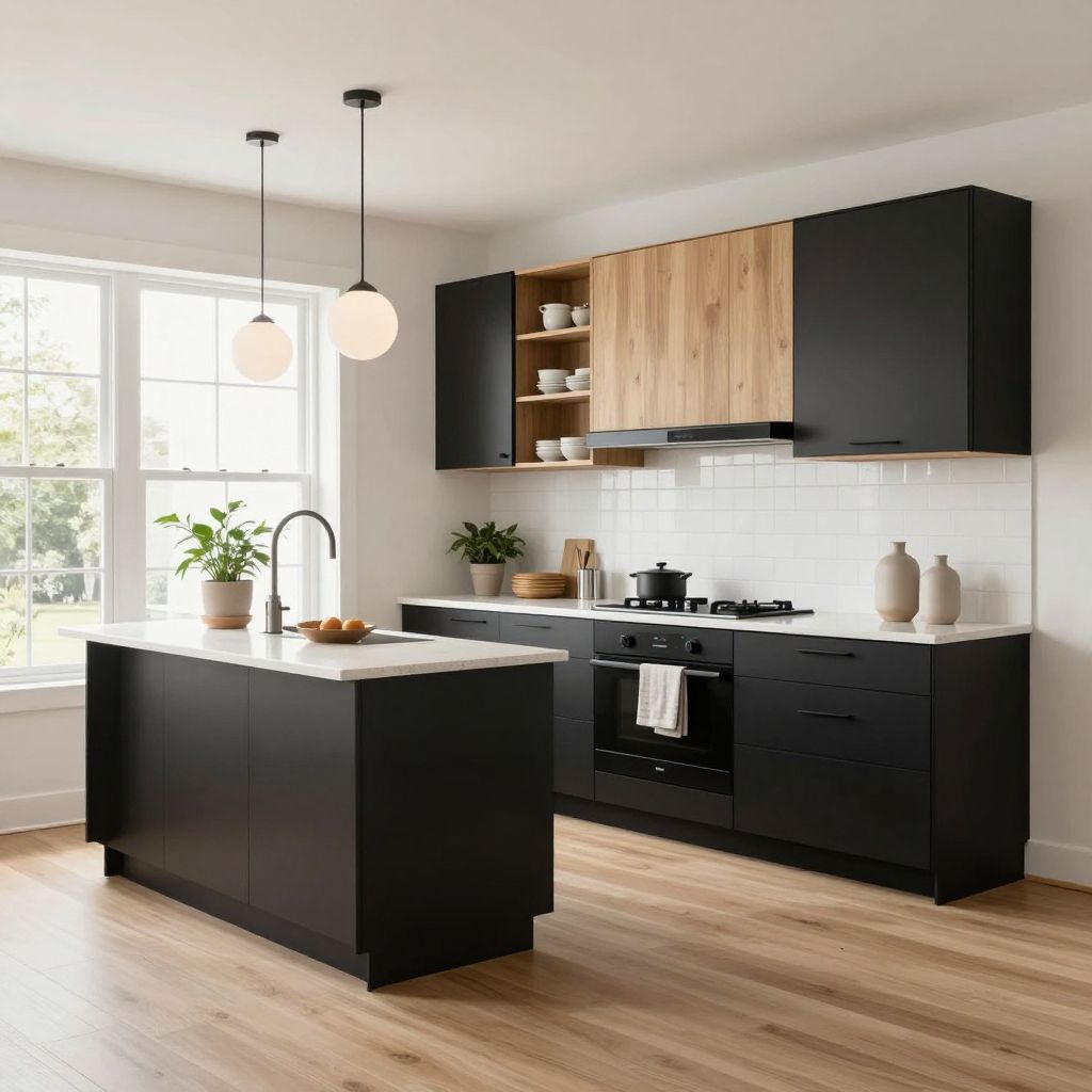 Black kitchen with light oak and Scandinavian calm