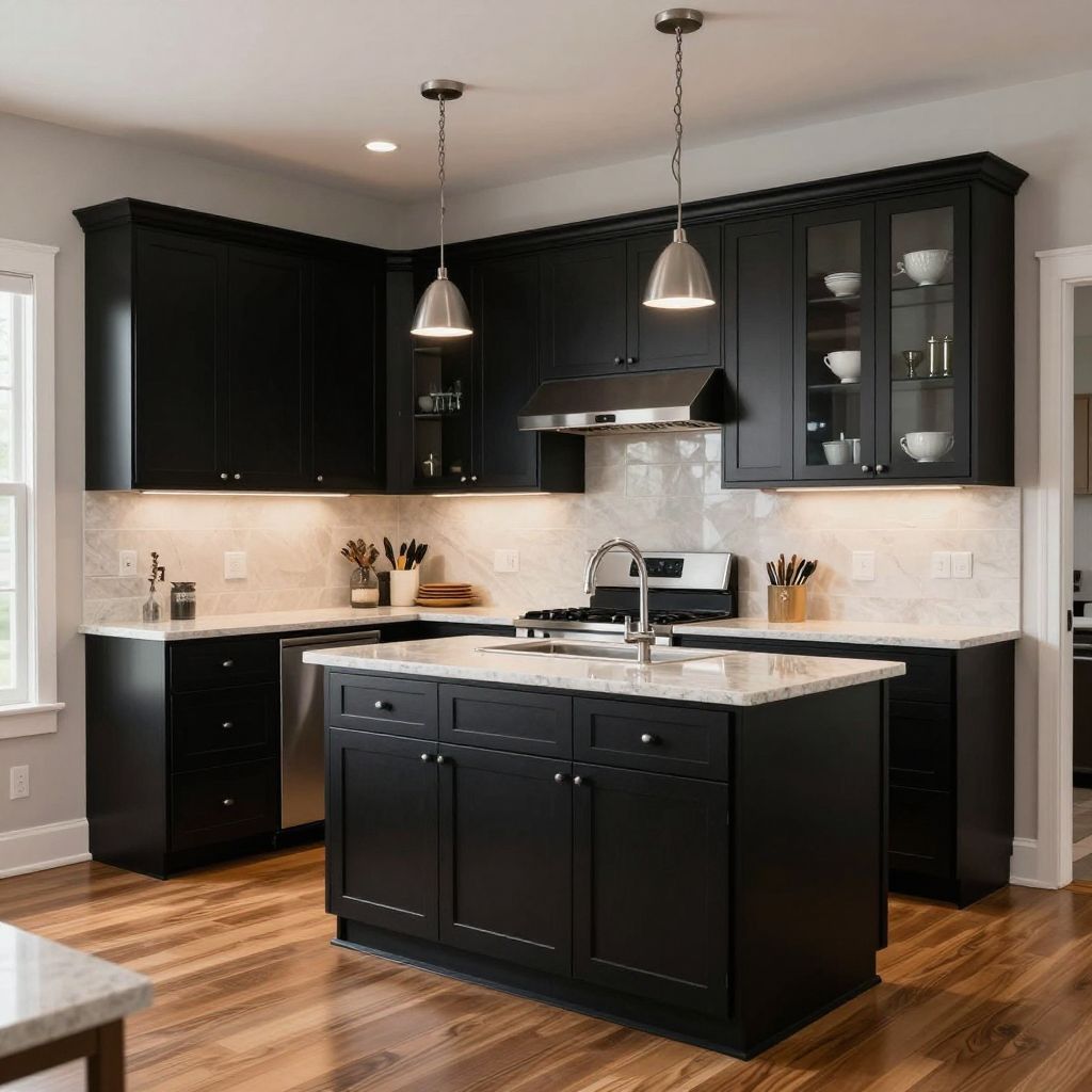 Black kitchen with glass front cabinets