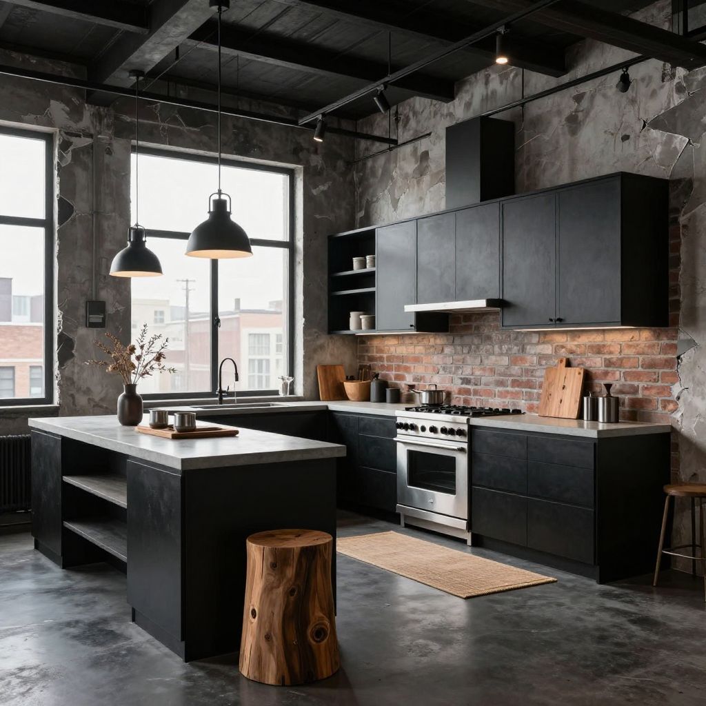 Industrial black kitchen with steel and concrete