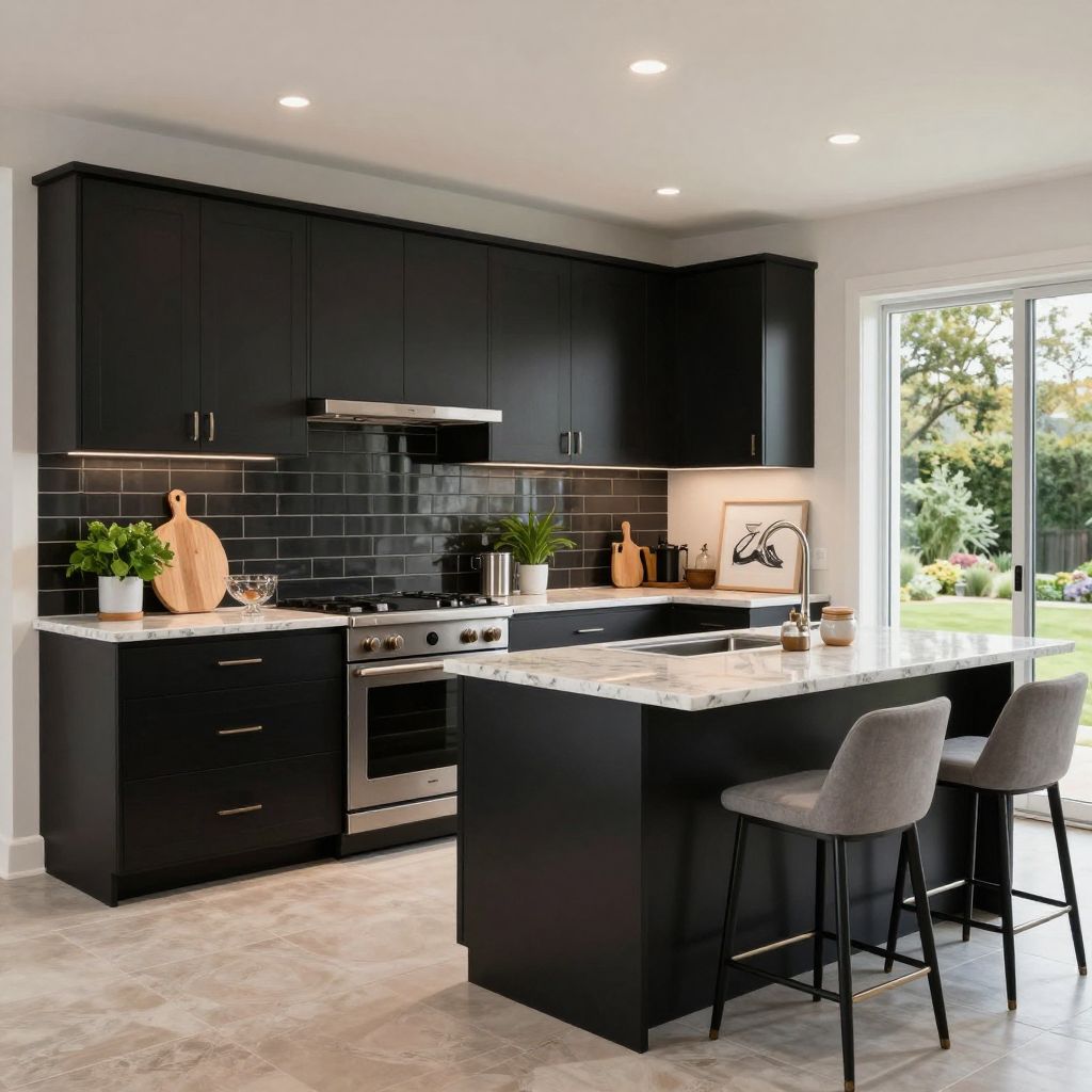 Black kitchen with a full height tile backsplash