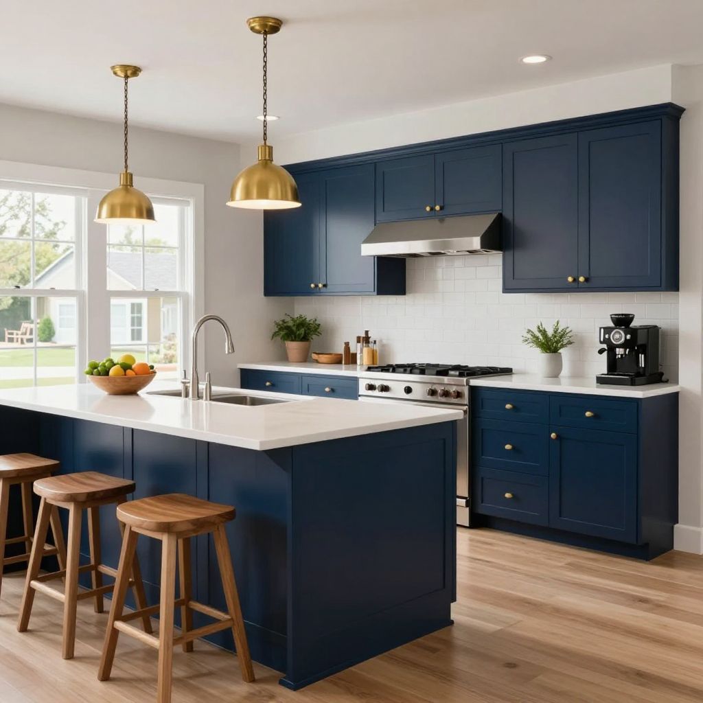 Navy Shaker Cabinets With White Quartz