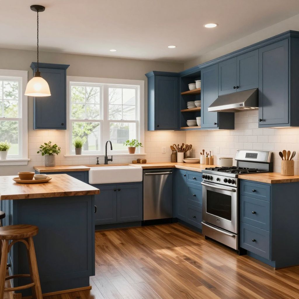 Blue Cabinets With Butcher Block Surfaces