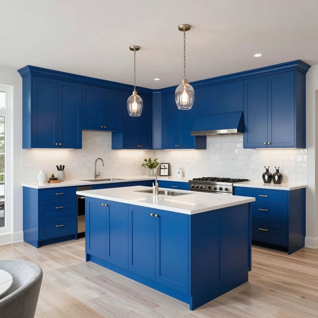 Cobalt Blue Cabinets With Heavily Textured Tile
