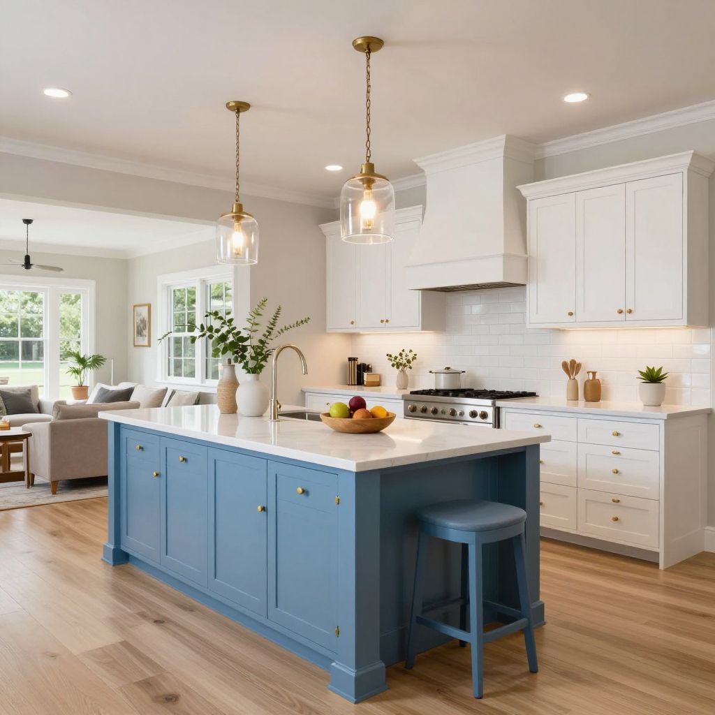 Blue Island With White Perimeter Cabinets