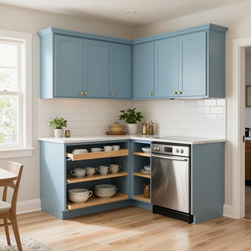 Powder Blue Cabinets With Marble Countertops