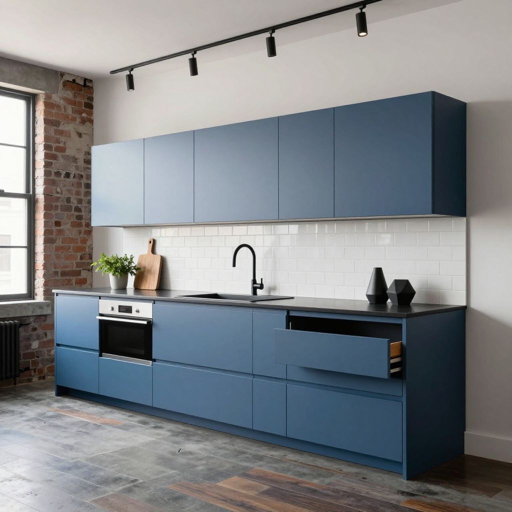 Matte Blue Cabinets With Black Accents