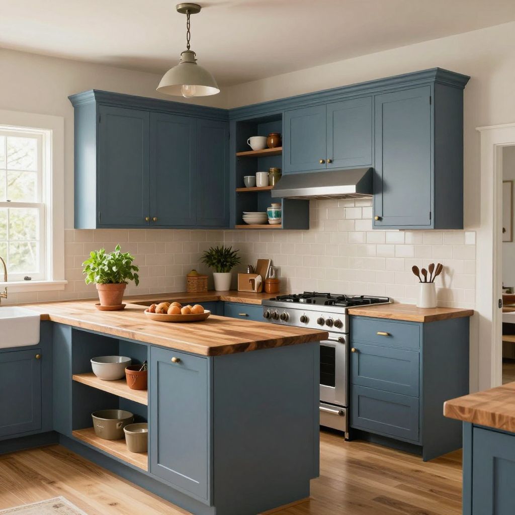 Slate Blue Cabinets With Warm Wood Counters