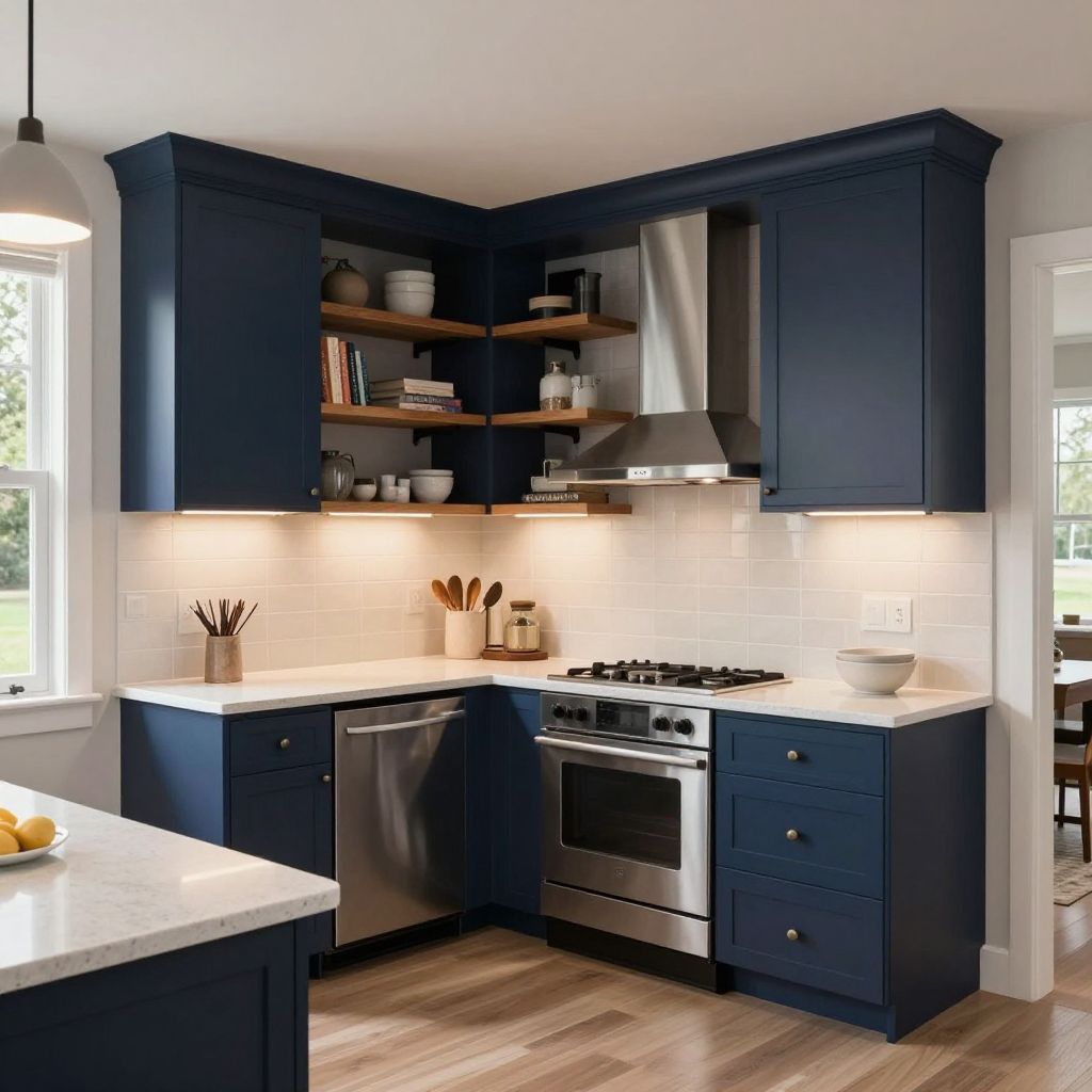 Navy Cabinets With Open Shelving