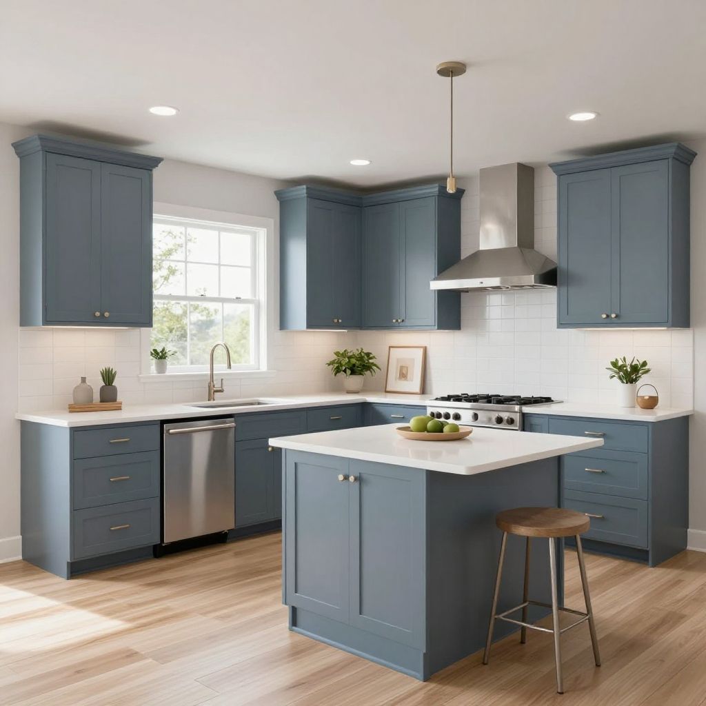 Blue Gray Cabinets With Full Height Tile