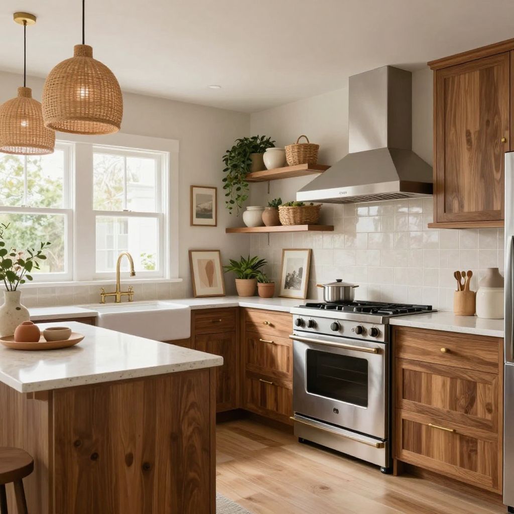 Warm wood and woven layers boho kitchen