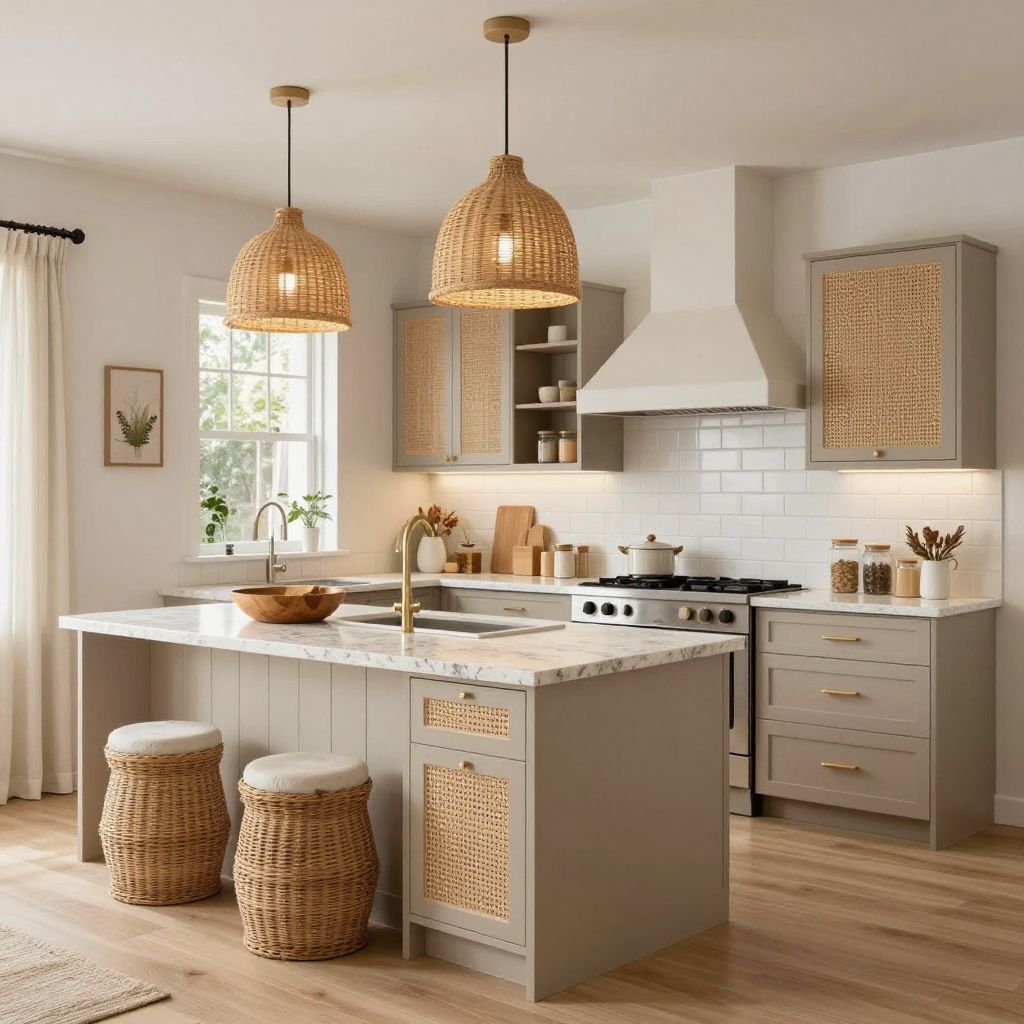 Rattan details and soft neutral tones boho kitchen