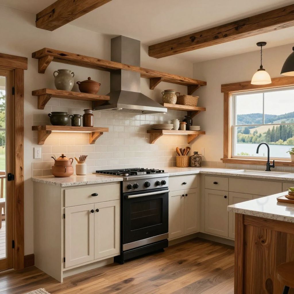 Rustic cabin with open shelving kitchen idea