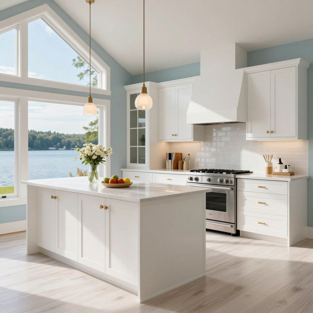 Bright cabin with lake house energy kitchen idea