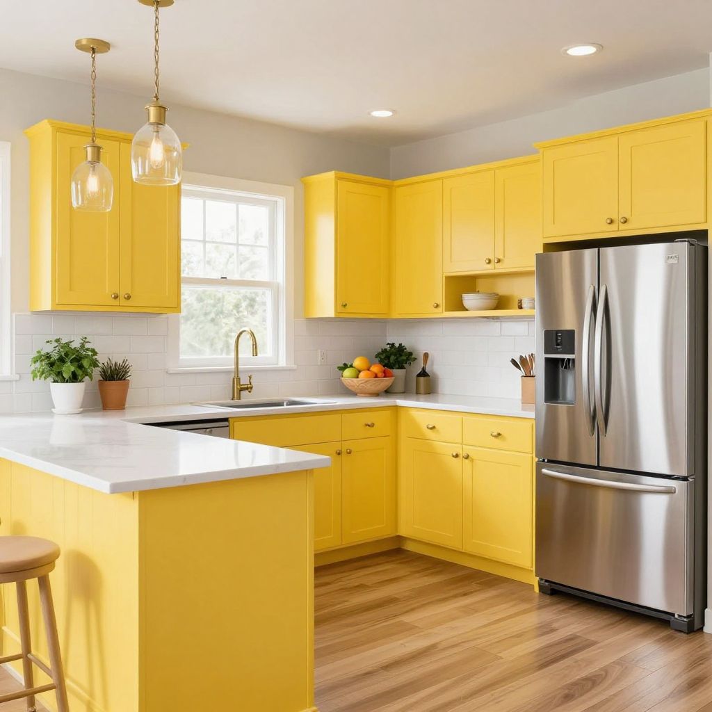 Sunny Yellow Cabinets With Crisp White Counters