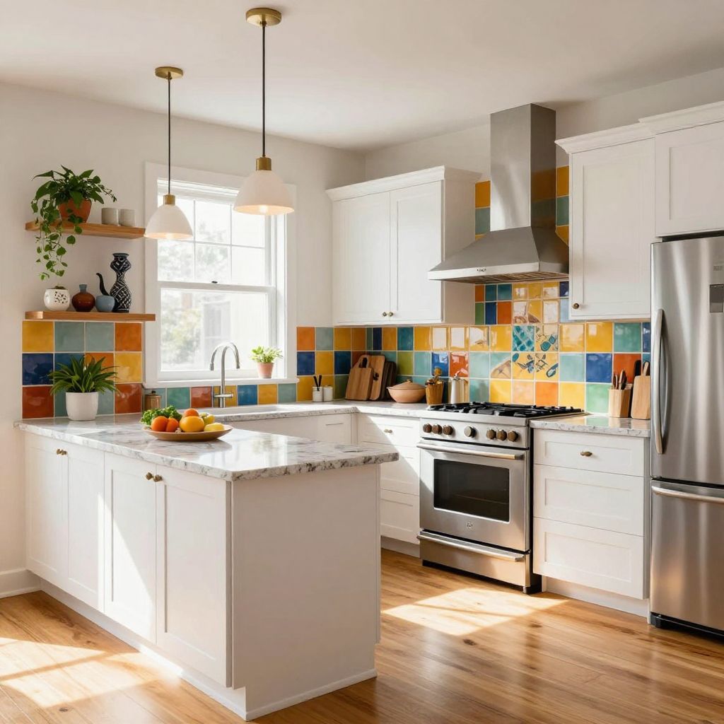 White Cabinets With Colorful Tile Backsplash