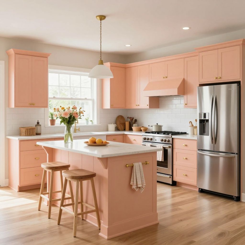 Peach Cabinets With Warm Brass and Oak