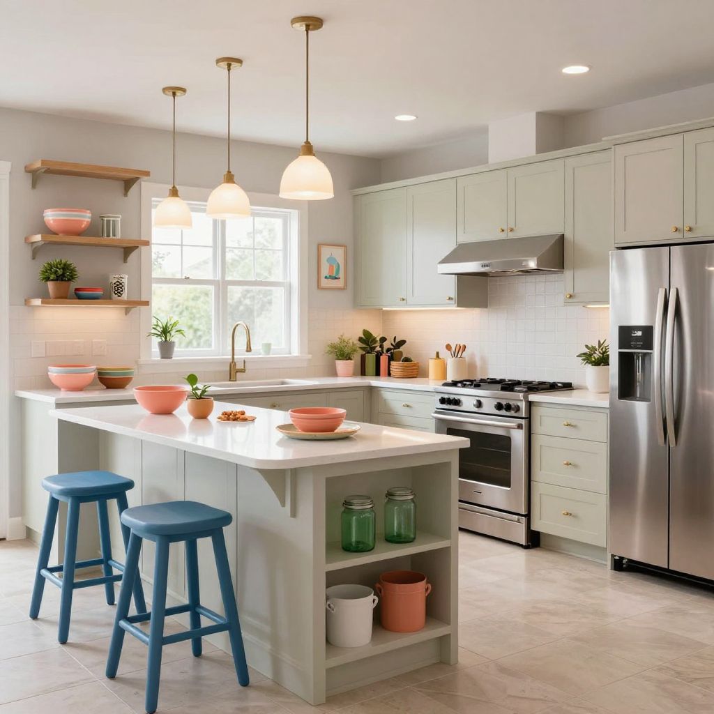 Muted Rainbow Accents With Neutral Cabinets