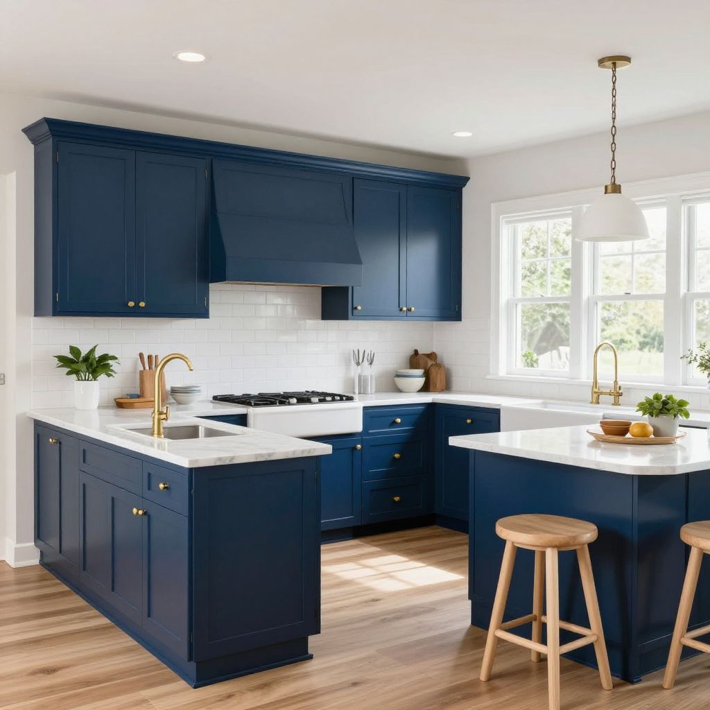 Deep Blue Cabinets With Brass Details