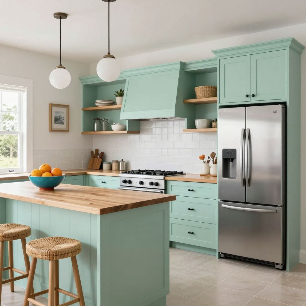 Mint Green Cabinets With Light Oak Accents