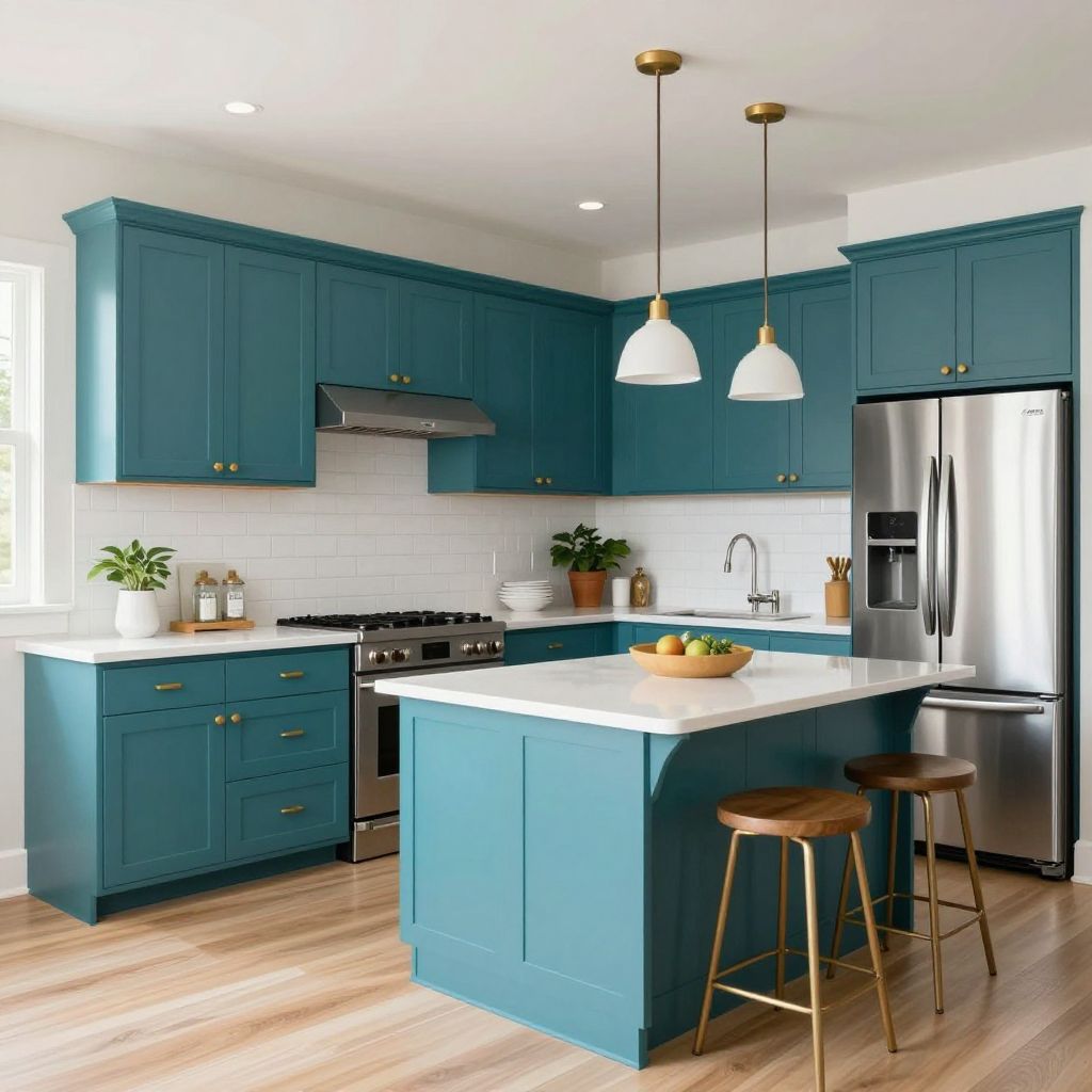 Teal Cabinets With White Tile and Wood Floors