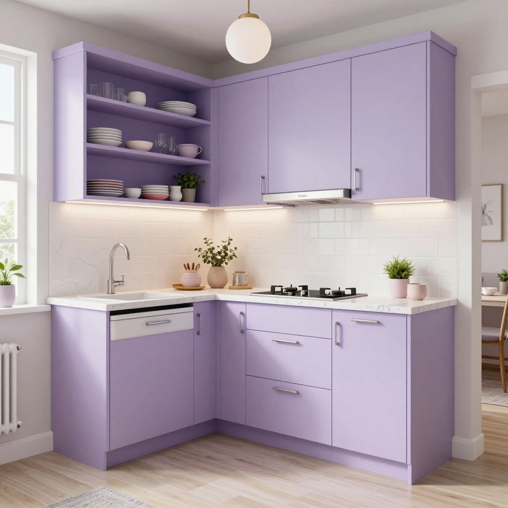 Lavender Cabinets With Marble Patterned Surfaces