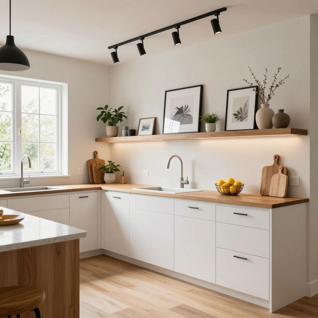 Art ledge with layered decor for empty wall in kitchen ideas