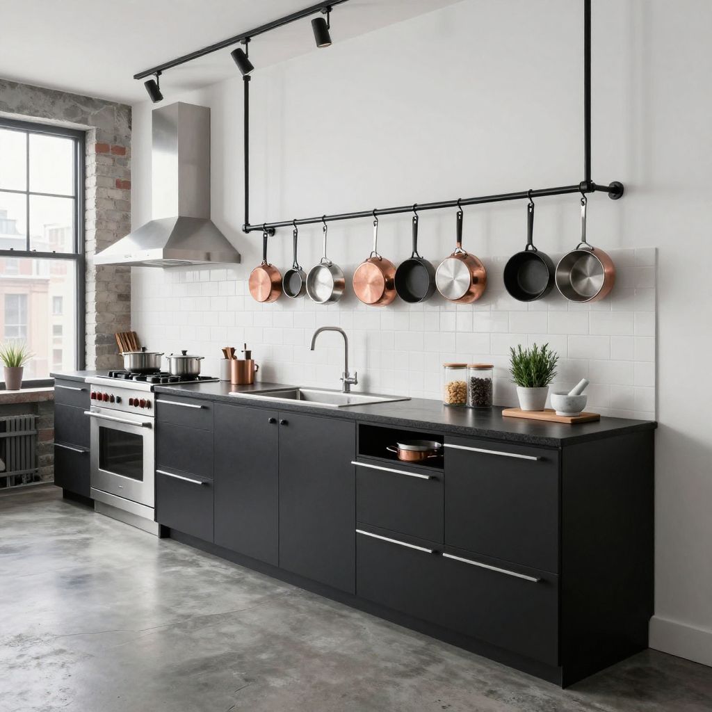 Hanging pot rail system for empty wall in kitchen ideas