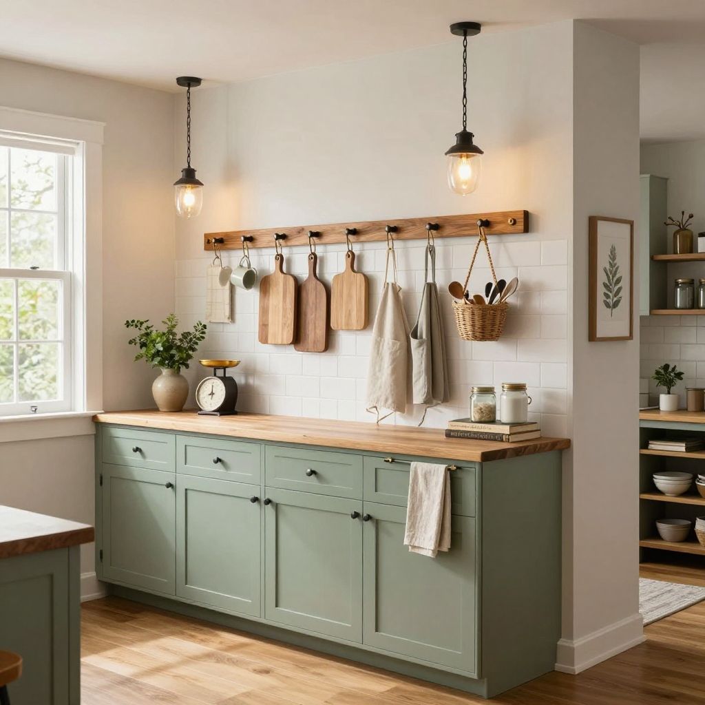 Peg rail storage wall for empty wall in kitchen ideas