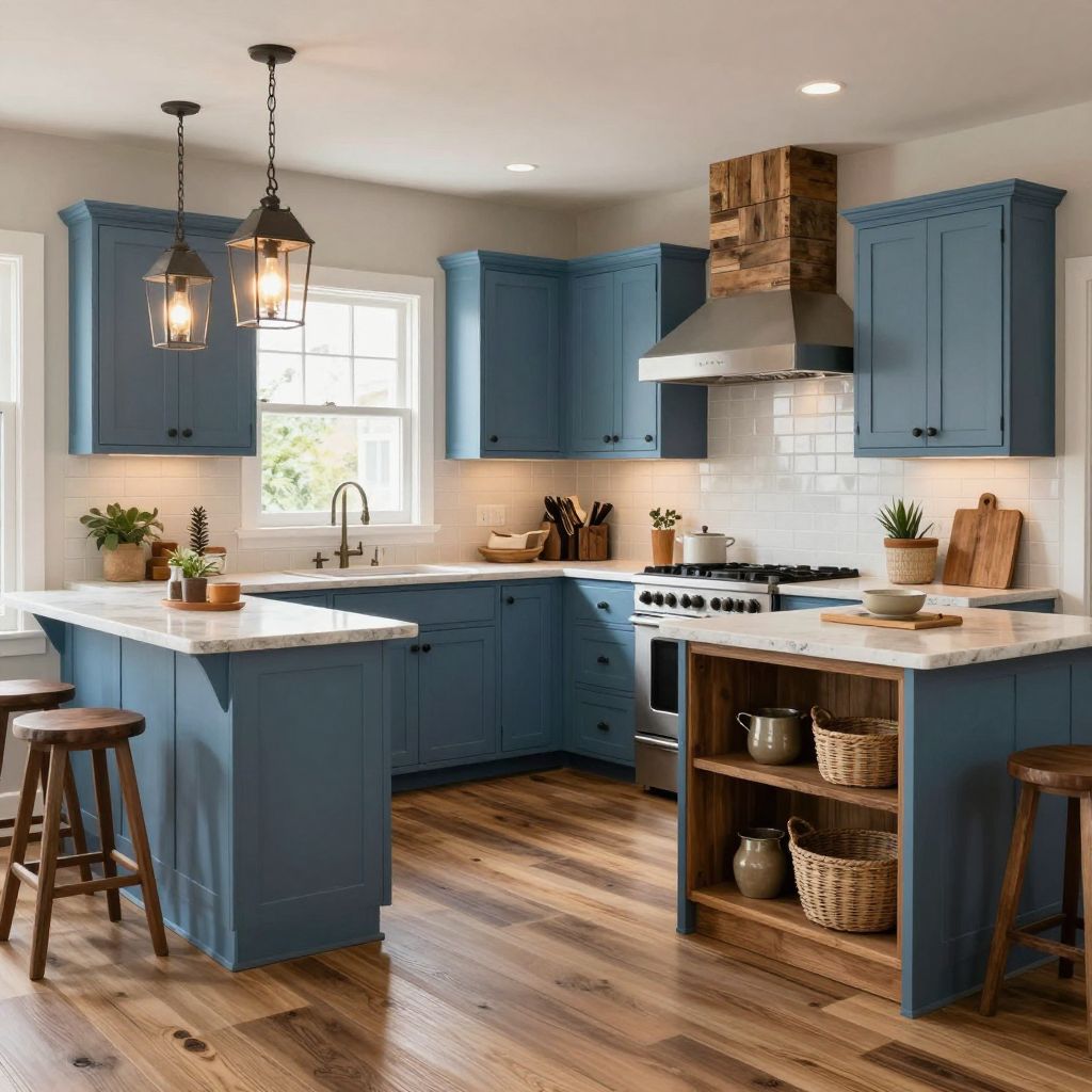 Deep Blue Cabinets With Brass Hardware