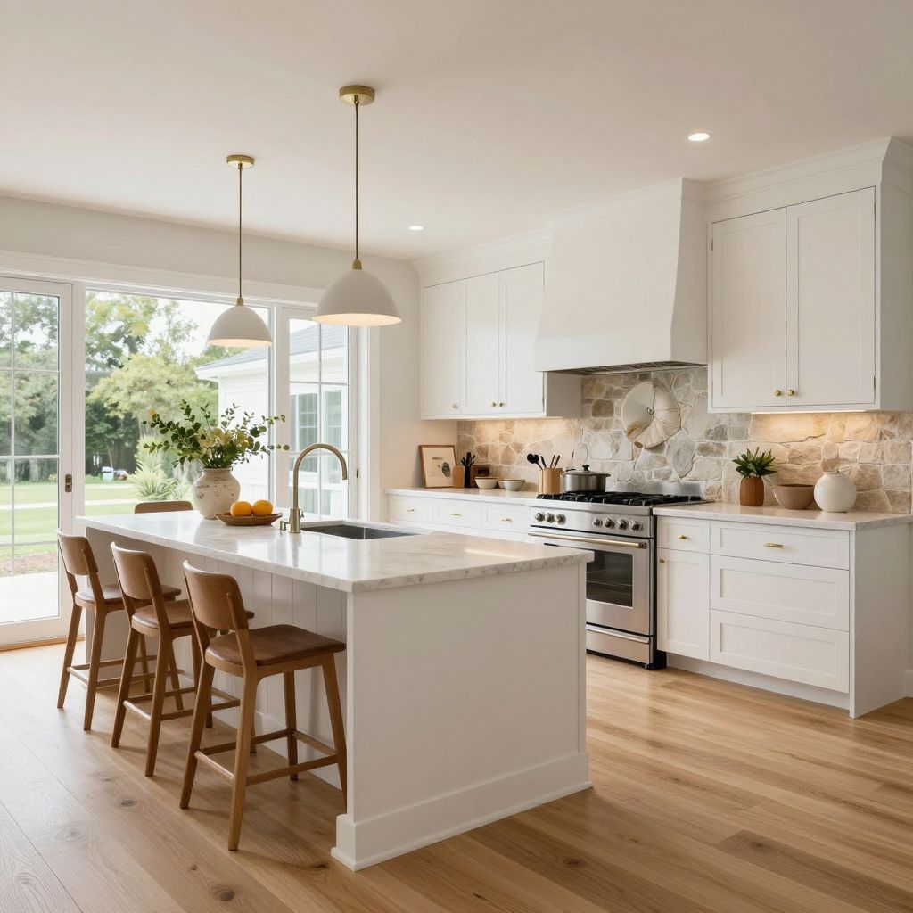Warm beige stone tile backsplash for a cozy transitional feel with white cabinets