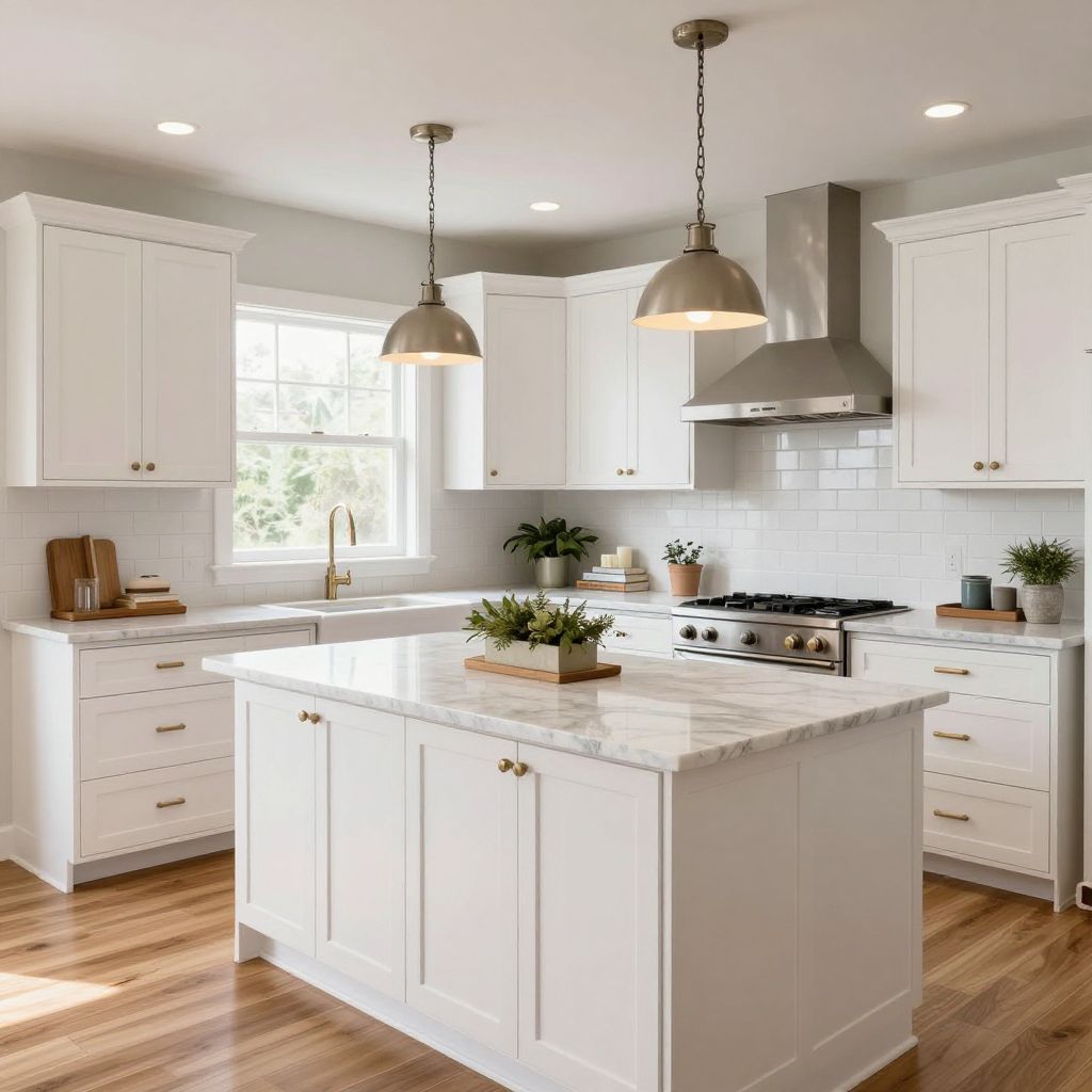 Kitchen island centerpiece idea with a tiered pedestal and seasonal decor