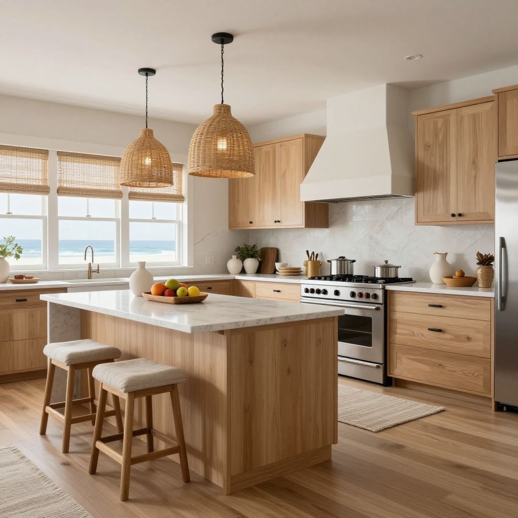Minimal cylinder pendants for a streamlined kitchen island