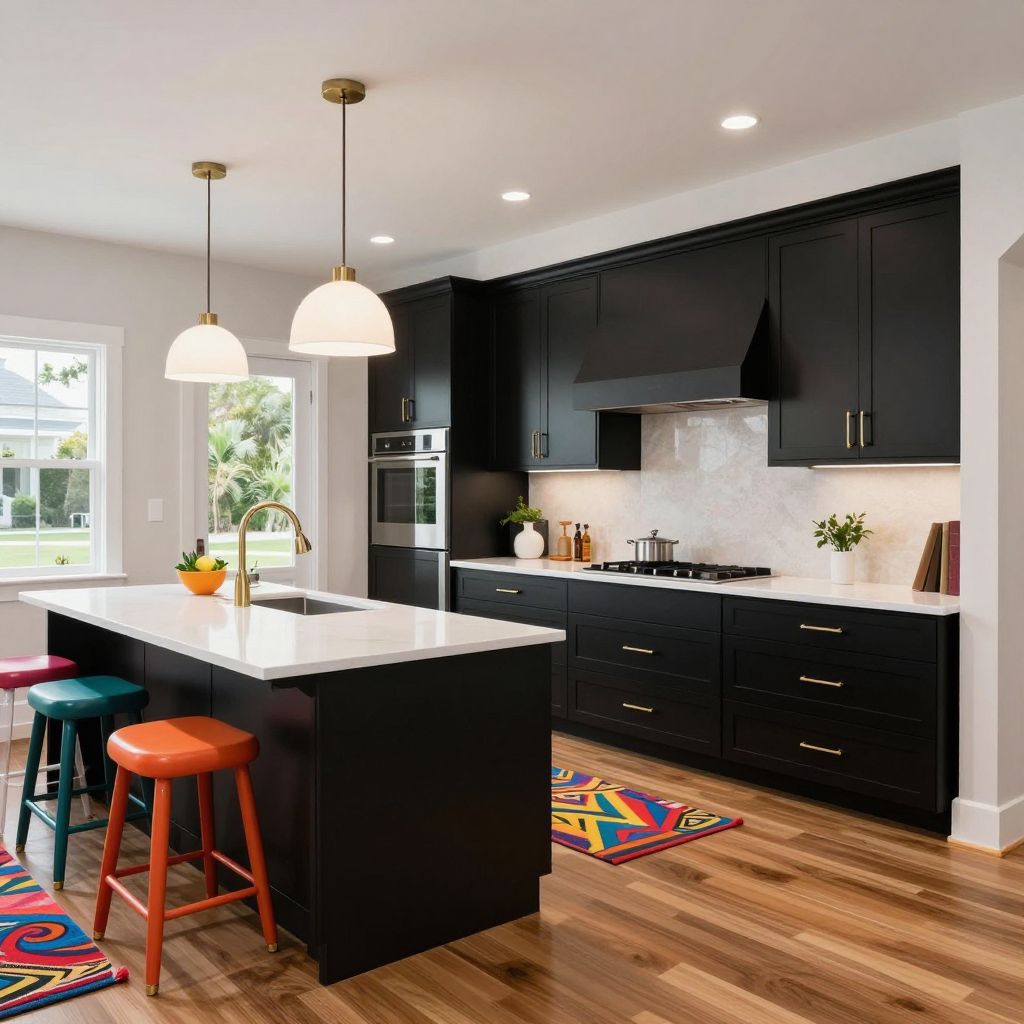Bright Red Island With Neutral Perimeter Cabinets
