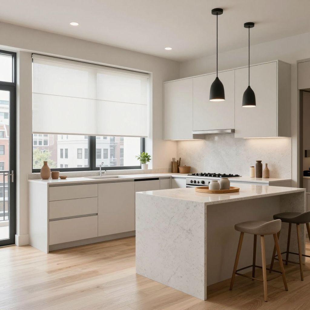 Crisp white roller blinds for a clean modern kitchen look