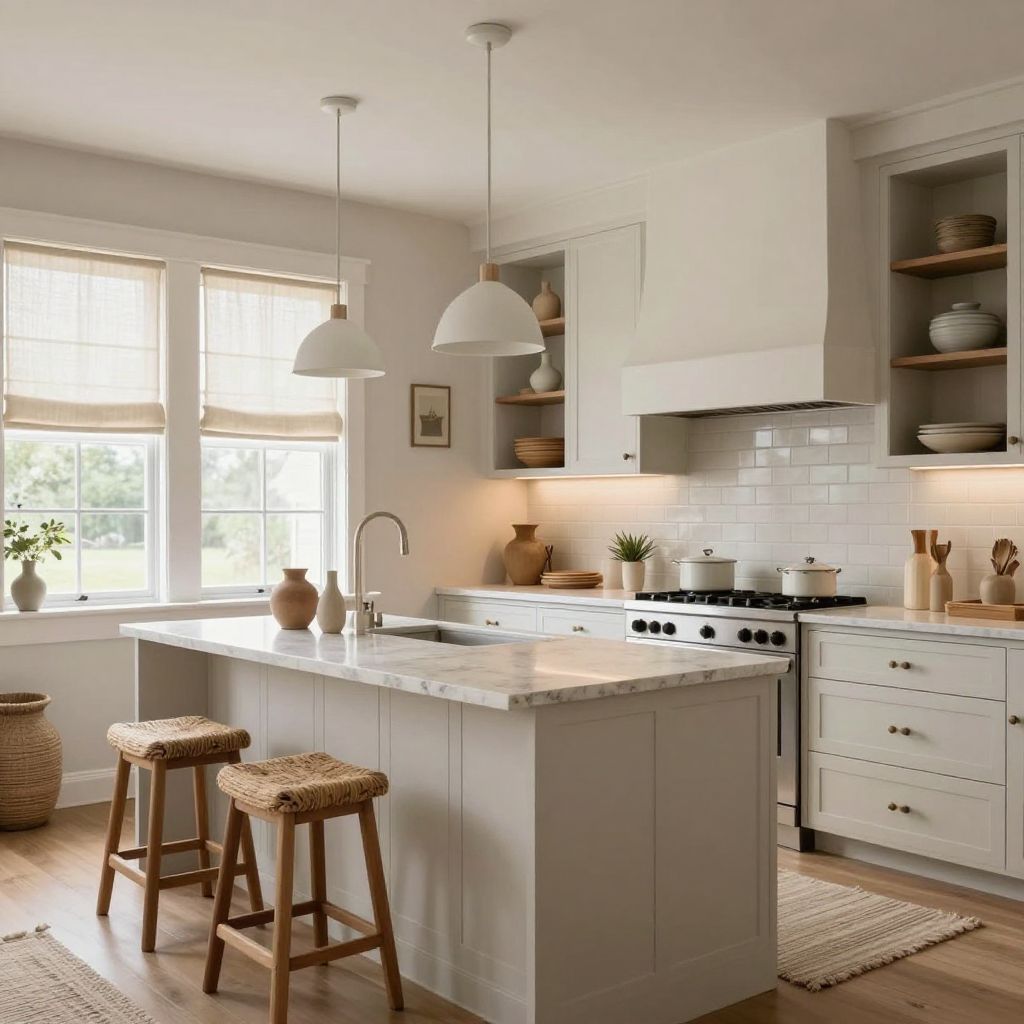 Linen blinds for a soft layered kitchen look
