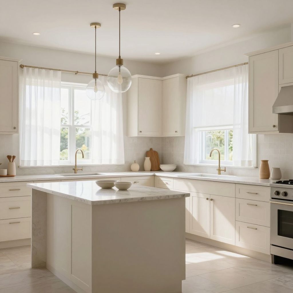 Sheer blinds for soft daylight in a bright kitchen