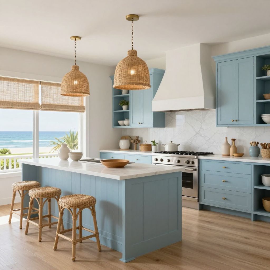 Woven shades adding texture in a coastal kitchen